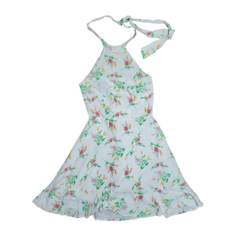 Lulus‎ Dress Womens Size XS White Pink Floral Halter Tie Neck Sleeveless